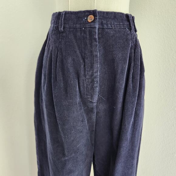 Vintage 80s Navy Blue Corduroy High Rise Pleated Trousers Straight Leg Pants M - Picture 2 of 9
